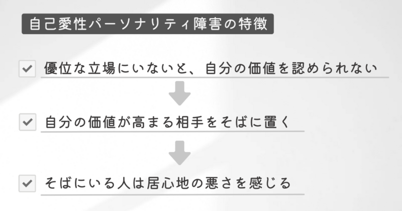 自己愛性パーソナリティ障害の特徴
・優位な立場にいないと自分の価値を認められない
・自分の価値が高まる相手をそばに置く
・そばにいる人は居心地の悪さを感じる